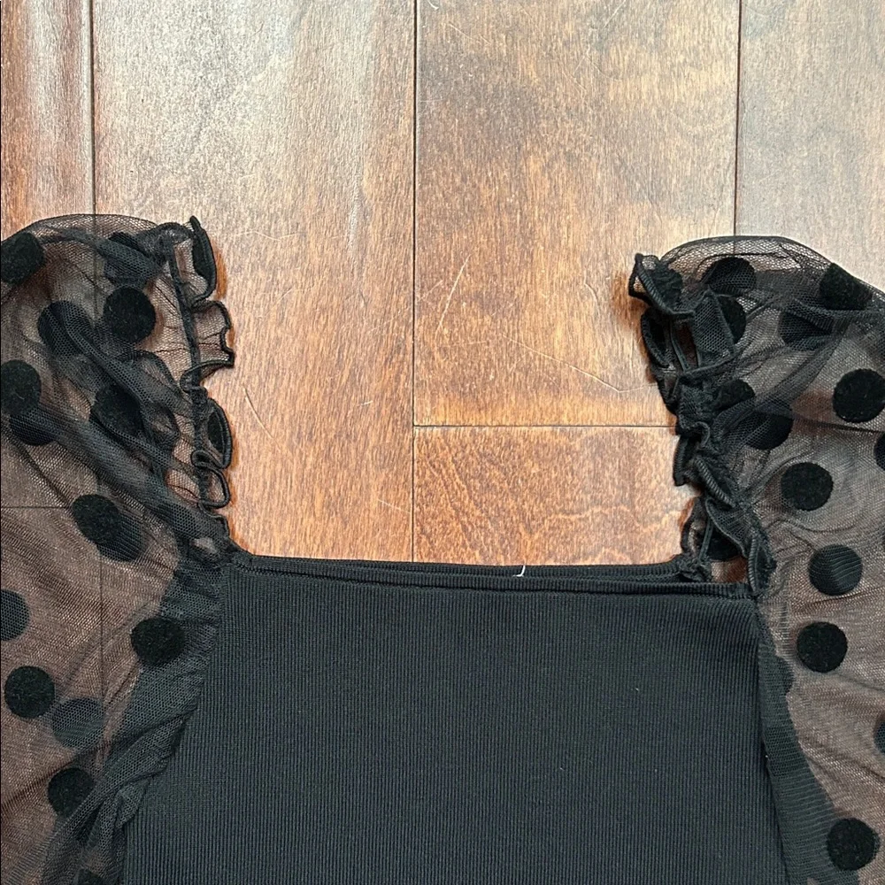 Zara Black Blouse with Polka Dot Mesh Puff Sleeves, Size Small - Picture 4 of 12